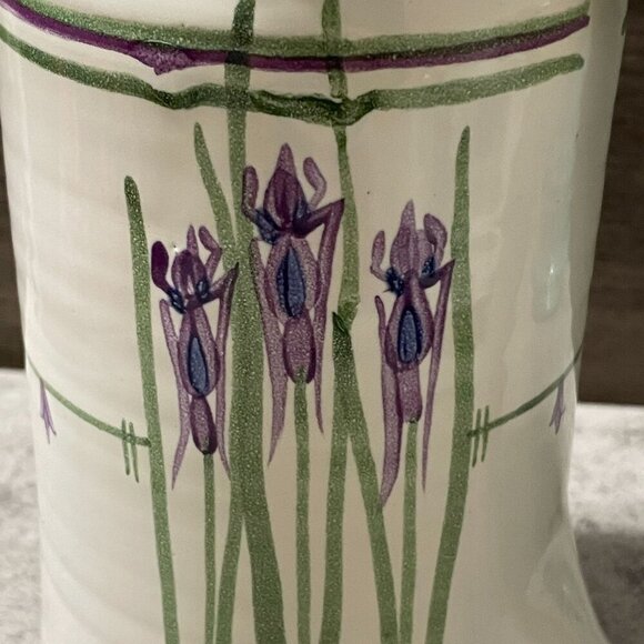 Studio Art Pottery Pitcher Hand Painted Purple Iris Flowers Handmade Signed 8" - Picture 8 of 11